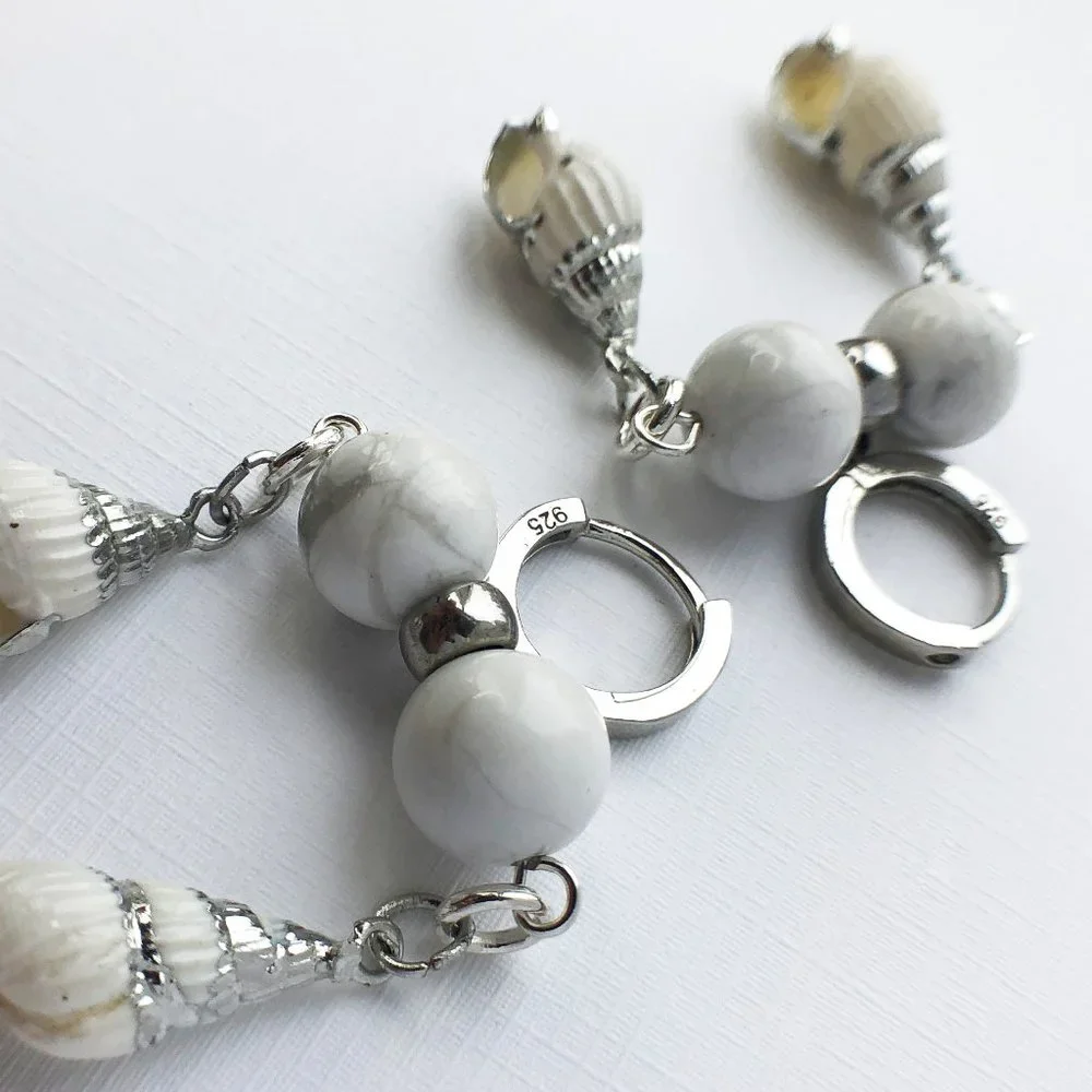 Unique White Shell Chunky Earrings, Handcrafted Howlite Dangle Hoops